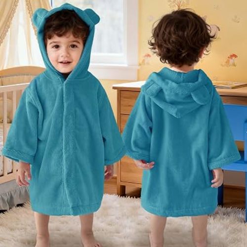 VOOVA & MOVAS Baby Bathrobe Hooded Bath Towels 0-24M, Lake Blue Bear Ear