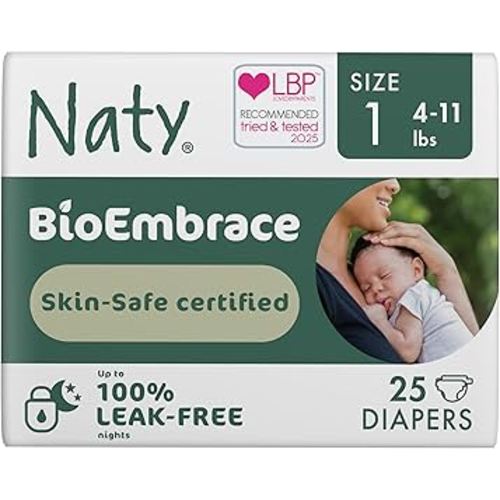 Naty BioEmbrace Baby Newborn Diapers | Sensitive Skin Safe Certified | Leak Protection up to 100% | Plant-Based Teddy Softness, Premium Comfort | Chlorine-Free | Size 1 (4–11 lbs), 25 Count