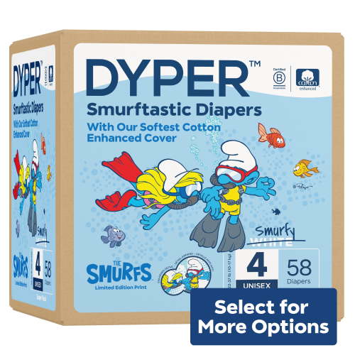 DYPER, Cotton-Enhanced Diapers, Size 4, 58 Count, Smurfs Edition