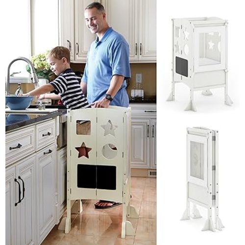 Guidecraft Classic Kitchen Helper® Stool - Ivory: Foldable Toddler Tower with Adjustable Height Platform | Premium Learning Montessori Collapsible Step Stool for Kids