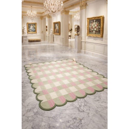 Scalloped Edge Checkered Rug | Pink and Sage Green Gingham Tufted Rug | Pastel Coquette Room Decor | Hand Tufted Danish Pastel Area Rug