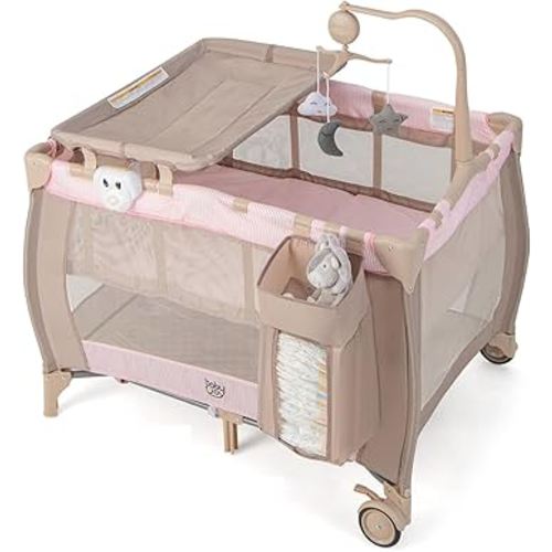 Costzon 3 in 1 Pink Pack and Play with Bassinet, Portable Baby Playard with Changing Table, Music Box, Whirling Toys, Wheels/Brake, Basket, Bag, Foldable Infant Pink Bassinet for Baby Girl Toddlers