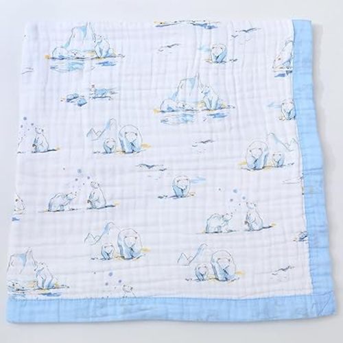 Jay & Ava Baby Muslin Blankets 42' x 42', Soft Cotton Blanket for Toddler Boy, 4 Layers Bed Muslin Throw for Crib, Large Receiving Blanket - Blue Polar Bear