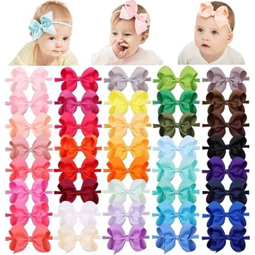 40pcs 4inches Baby Girls Grosgrain Ribbon Hair Bows Headbands Nylon Elastic Hair Band Hair Accessories for Infants Newborn