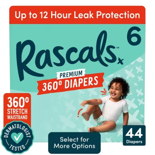 Rascals Premium 360 Absorbent Pull-On Diapers, Size 6, 44 Count