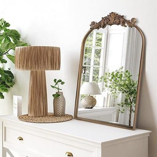 Wall Mirror Window Decorative Traditional Vintage Ornate Baroque Mirrors Antique Arched Farmhouse for Living Room Bedroom Entryway Bathroom Vanity (27 * 19 * 1.2, Gold)