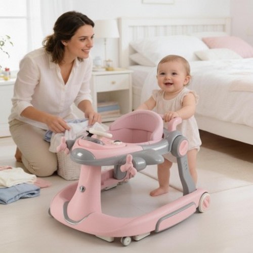 TODECARE 6-in-1 Baby Walker with Adjustable Height, Foldable Design & Speed-Control Wheels, Easy-Clean Seat, Pink&Gray