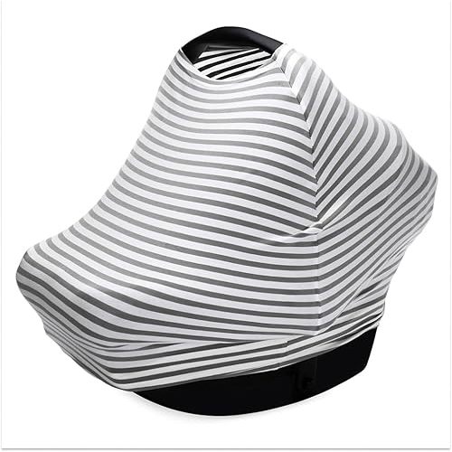 Parker Baby 4 in 1 Car Seat Cover for Girls and Boys - Stretchy Carseat Canopy, Nursing Cover, Grocery Cart Cover, High Chair Cover - Gray/White Stripes