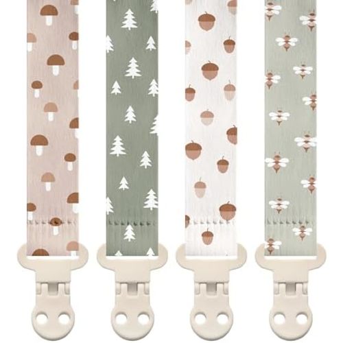 Stadela Baby Pacifier Clip Holder - Girl or Boy Unisex 4 Pack Gift Set – Woodland Mushrooms Bees Neutral Green Beige (Forest)