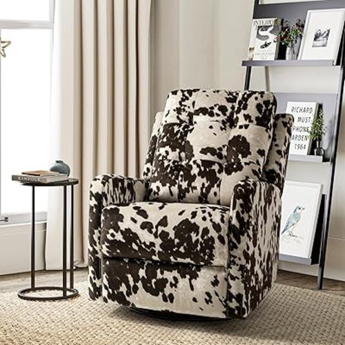 HULALA Home Recliner Chair Modern Printed Fabric for Living Room, Wingback Rocker Recliner Sofa Comfy Armchair 360 Degree Swivel, Nursery Rocking Chairs with Adjustable Backrest & Footrest/Brown