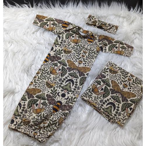 Mushroom Swaddle Set for Baby matching Cuffed Hat or Headband, Enchanted Forest Butterfly Bees and Botanicals Woodland Nursery Theme
