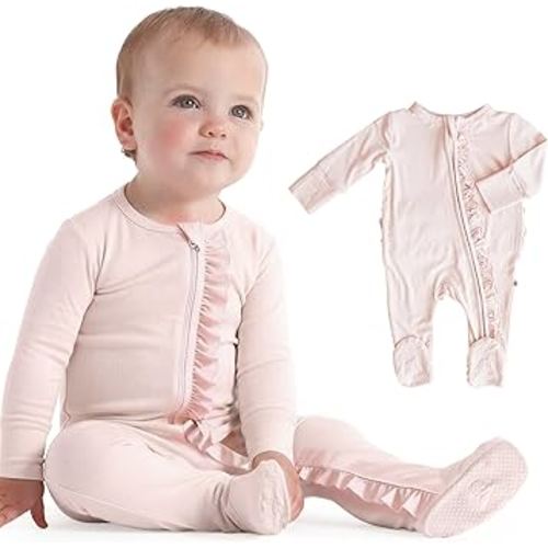 Caden Lane Zippered Baby Footie Pajamas, Soft Onesie Bodysuit with Feet & Double Zipper for Easy Diaper Change, Infant, and Toddler Footed One-Piece Jumpsuit, Pale Pink, 0-3 Months