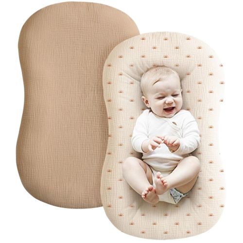 Konssy Muslin Baby Lounger Cover 2 Pack, 100% Cotton Newborn Lounger Cover, Soft and Breathable Removable Slipcover Infant Lounger Cover for Boy, Girl (Brown, Sun)