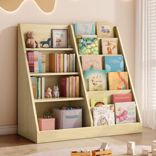 Tatub 6 Tier Kids Wooden Bookshelf and Toy Storage, Children Toy Organizer with Book Shelves, Toddler BookRack Baby Bookcase for Nursery, Playroom and Classroom, Natural Wood