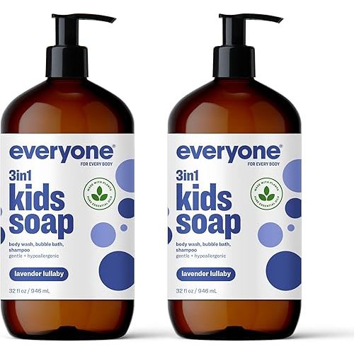 Everyone 3-in-1 Kids Soap, Body Wash, Bubble Bath, Shampoo, 32 Ounce (Pack of 2), Lavender Lullaby, made with Essential Oils for Toddlers, tweens and teens