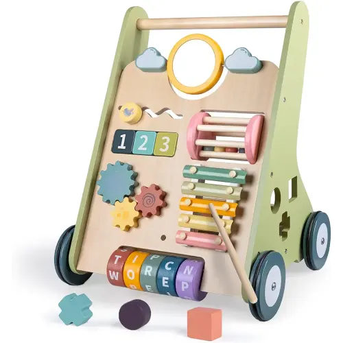 Wooden Baby Walker with Wheels, Baby Walker for Boys 6-12 Months Push Toy, Montessori Walking Toys for 1 Year Old Activity Center