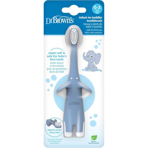 Dr. Brown's Infant-to-Toddler Training Toothbrush, Soft for Baby's First Teeth, Blue Elephant, 0-3 Years