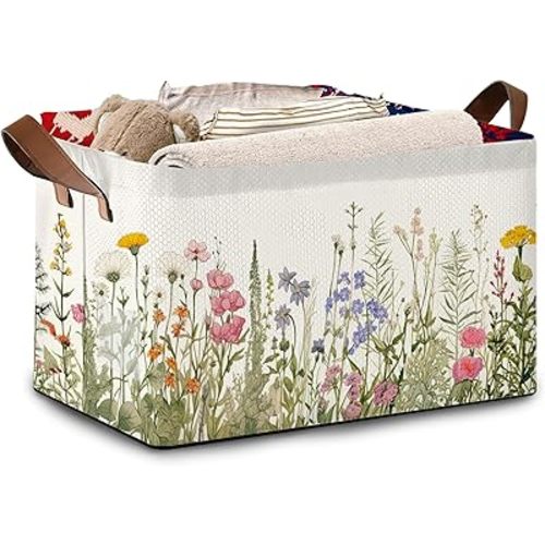 Floral Meadow Storage Basket Large 17x11.5x10.5 Inche-Collapsible Fabric Organizer Bin with Handles for Garden Party, Boho Decor, Living Room-Decorative Hamper with Field Flower Pattern-Single Pack