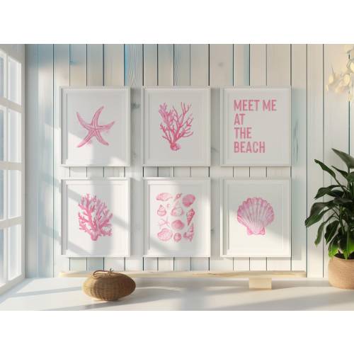 Coastal Set of 6 Prints, Boho Beach House Decor, Trendy Pink Coral Wall Art, Preppy Summer Starfish Print, Sea Shell Poster Digital Download