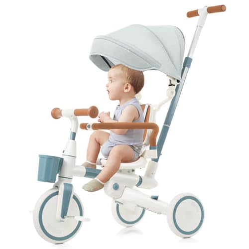 Toddler Tricycle, 7 in 1 Folding Kids Trike for 1-6 Years Old Boys and Girls Gift, Balance Bike with Removable Pedal, Canopy, and Guardrail, Adjustable Push Handle and Seat Height (Blue)