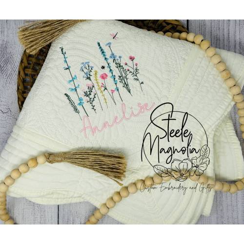 Bright Colored Wildflower Nursery Quilt Dragonfly Blanket Baby Heirloom Quilt Embroidered Flowers Personalized Baby Blanket Baby Shower Gift