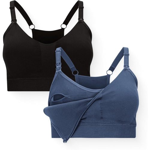 Kindred Bravely Essentials Sports Pumping and Nursing Bras, Hands Free, Nursing Bras for Breastfeeding, 2 Pack (Black & Slate Blue, Medium)