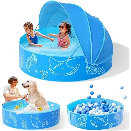 Hikiddy Foldable Kiddie Pool with Canopy: 31.5in/ 47in /63in for Baby Toddler Kids Family - Summer Water Play Pool with Shade - Portable for Outdoor Backyard Beach (Blue-Blue, 47in)