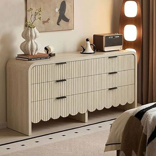 Modern Fluted Dresser for Bedroom,59" Scalloped Dresser 6 Drawer with Black Handles,Closet Storage Organizer for Nursery Room, Living Room,TV Stand