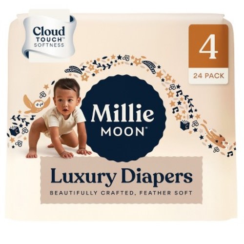Millie Moon Luxury Disposable Diapers Size 4 - 24ct: 22 to 33 Lbs, Wood Fluff Pulp, Hypoallergenic, Latex-Free