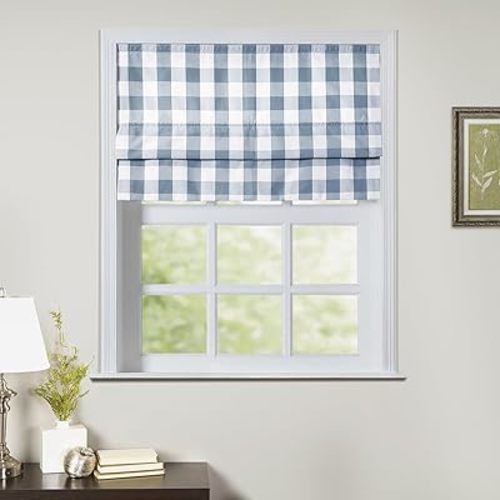TWOPAGES No Drill Cordless Buffalo Plaid Roman Shades Gingham Checkered Roman Blinds for Windows, Custom Made Room Darkening Blinds Farmhouse Shades, Light Blue Grid, 1 Piece
