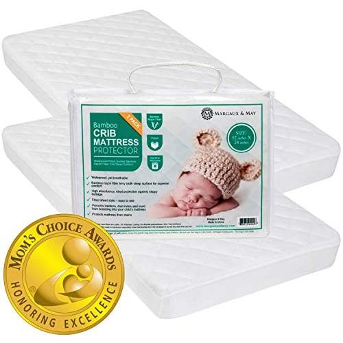 Crib Mattress Protector Pad 2 Pack (Mom Choice Award Winner) Waterproof, 4 Layered, Noiseless, Dryer Friendly Deluxe Ultra Soft Bamboo Rayon, Fitted in White - 52 x 28 x 9 inches