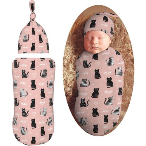 Black Heart Cat Newborn Swaddle Blankets Hat Sets Soft Baby Receiving Blanket Swaddle Sack for Baby Shower Infant Boy Girl Gift