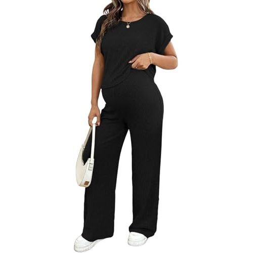 BLENCOT Maternity Sets Summer Ribbed Knit Pajamas Outfits | Casual Pregnancy 2 Piece Soft Stretch Fabric Matching Clothes for Moms Postpartum Recovery and Going Out Work