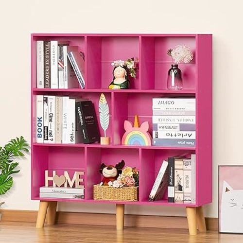 LEYAOYAO 8 Cube Bookshelf,3 Tier Bookcase with Legs,Pink Mid-Century Modern Bookshelves,Large 3 Tier Open Storage Organizer Shelf, Retro Wood Display Book Case