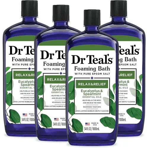 Dr Teal's Foaming Bath with Pure Epsom Salt, Relax & Relief with Eucalyptus & Spearmint, 34 fl oz (Pack of 4) (Packaging May Vary)