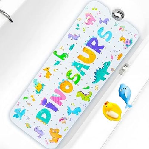 Baby Bath Mat for Tub Non Slip Kids Bathtub Mat Extra Long 40X16 Inch Toddler Bath Tub Shower Mat Anti Slip with Suction Cups & Drain Holes, Machine Washable (Dino Letters)