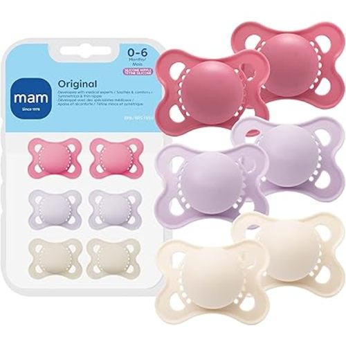 MAM Original Matte Baby Pacifiers 0-6 Months, Binky for Newborn Babies, BPA-Free Skin Soft Silicone Nipple, Easy to Clean, Developed with Medical Experts, 6 Count, With Sterilizer Case, Made in Europe