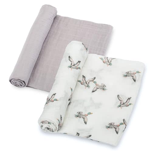 LollyBanks Baby Swaddle Blankets 2 Pack, 100% Cotton Muslin Blankets 47 x 47 Inches, Soft and Breathable Newborn Receiving Blanket for Boys, Cozy Infant Swaddle, Baby Essential (Mallard Duck and Grey)