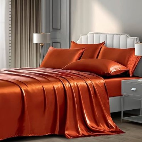 P Pothuiny Satin Sheets King (6 Pieces, Burnt Orange) Luxury Bed Set - Extra Soft Sheet Set With 1 Fitted Sheet, 1 Flat Sheet, 4 Pillow Cases