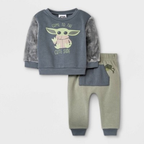 Baby Boys' 2pc Star Wars Baby Yoda Fur-Backed Fleece Pullover and Jogger Set - Olive Green Newborn