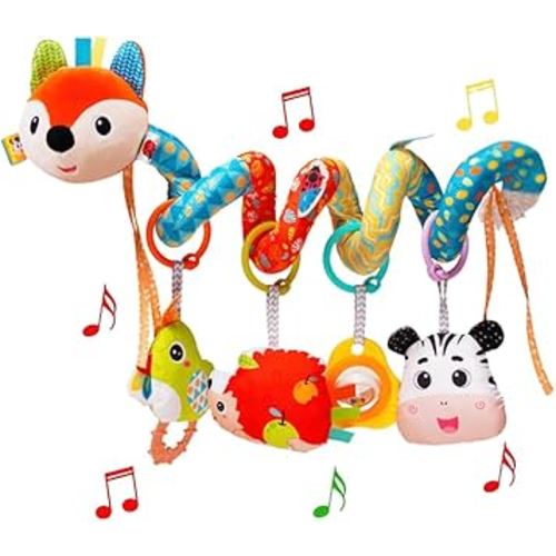 Baby Car Seat Toys, Infants Activity Spiral Plush Toys for Babies 0-6 Months Hanging Stroller Toy Gift for Infant Boys and Girls 0 3 6 12 Months Newborn Sensory Toy with Rattles Squeaker Music - Fox