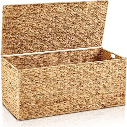 42 x 20 x 18.5'' Water Hyacinth Wicker Storage Trunk with Metal Frame, Heavy Duty Storage Chest with Lid Large Rattan Basket for Blankets, Seasonal Clothes, Extra Bedding (Natural,Flat Lid)