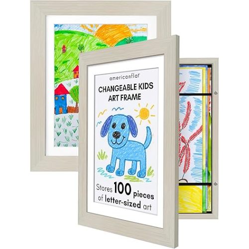 Kids Artwork Frame Changeable (Light Wood) - Magnetic Door Holds 100 Art Pieces - 8.5x11 Letter Size Display with Mat or 10x12.5 Without Mat - My Mini Masterpiece (Set of 2)