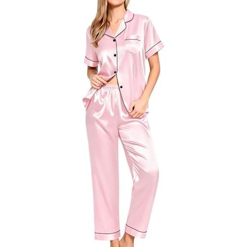 SWOMOG Women Satin Pajamas Set Short Sleeve Top & Pants Sleepwear Silky Button Down Nightwear 2pcs Loungewear Pjs Set