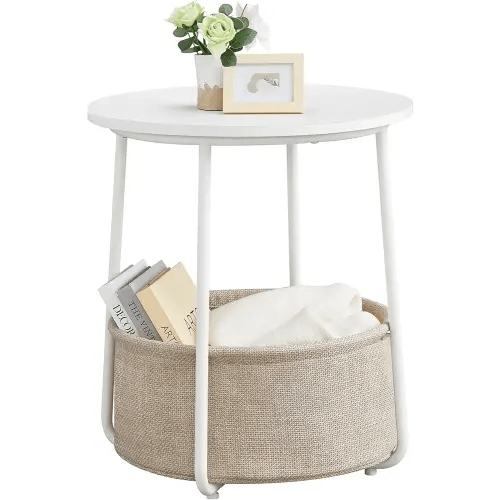 VASAGLE LILEA Collection - Small Round Side End Table, Modern Nightstand with Fabric Basket, Matte White and Camel Brown ULET223W10