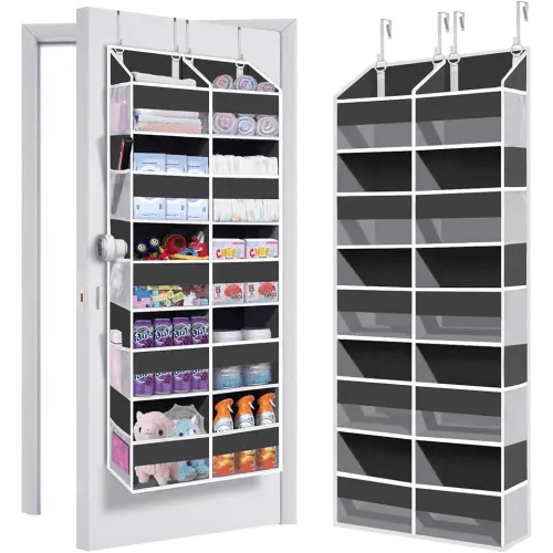 Heavy Duty Over The Door Organizer 5 Tiers, Extra Large Behind Door Storage of 10 Big Front & 10 Mesh Pockets, 80lb Weight Capacity, Hanging Doors Storage Organizer for Closet Bedroom Nursery, Grey