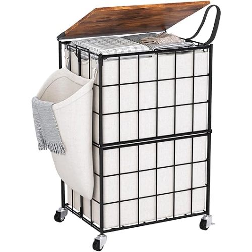 90L Laundry Basket with Wheels, Large Capacity Laundry Hamper with Removable Liner Bags, Heavy Duty Laundry Sorter with Solid Wood Lid & Leather Handles (Beige) TLH001B01