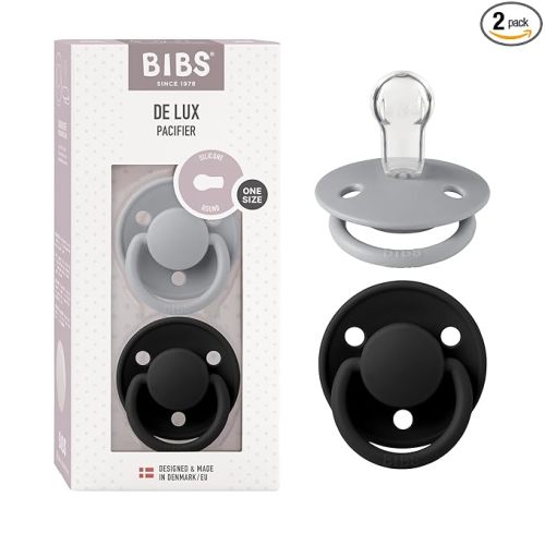 BIBS Pacifiers - De Lux Collection | BPA-Free Round Nipple | Silicone | Made in Denmark | Set of 2 Cloud/Black Color Premium Soothers | Size One Size