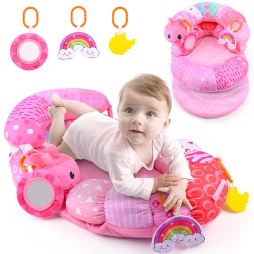 2-in-1 Tummy Time Mat & Seated Support Pillow Baby Toys 6-12 Months, Baby Tummy Time Toys Sit Me Up Floor Seat for Newborns and Older Babies, with Detachable Support Pillow and Toys(Pink)