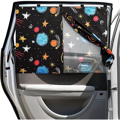 Car Window Shades, 2 Packs Magnetic Car Sun Shades for Baby, 2 Layers for Blackout/See Through Options Colorful Starry Pattern Side Window Curtain for Kids Heat/UV Blocker